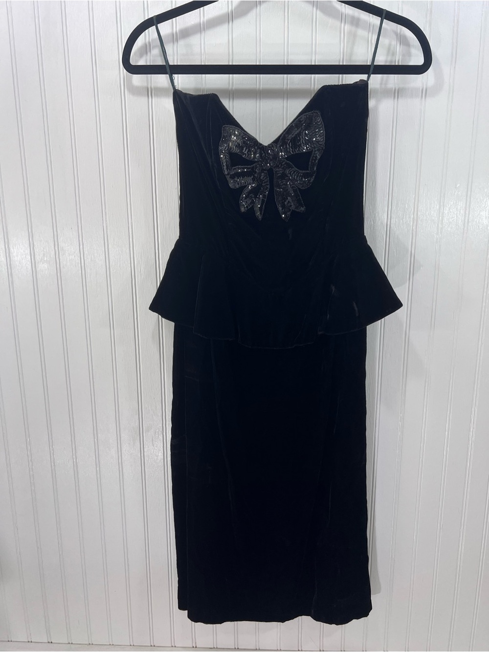 Vintage 80s Gunne Sax Black Velvet Strapless Peplum Sequin Bow Dress XS S